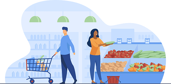 Illustration of diverse people shopping at a grocery store in a low income neighborhood