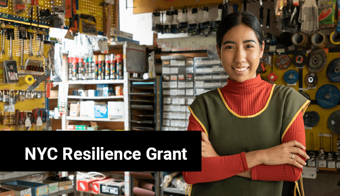 Woman standing in her shop with text NYC Resilience Grant
