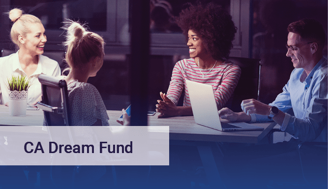 Imagen del programa California Dream Fund de un grupo de jóvenes profesionales diversos entusiasmados por hablar de su pequeña empresa