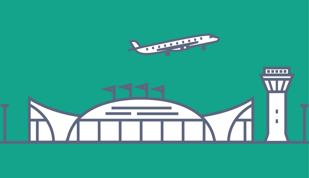 Ilustración lineal de un avión despegando de un aeropuerto