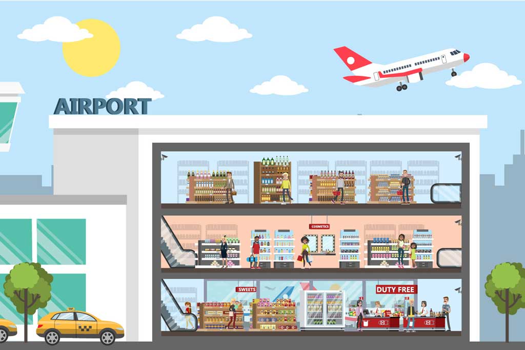 Illustration of airport concessions at airport while plane takes off