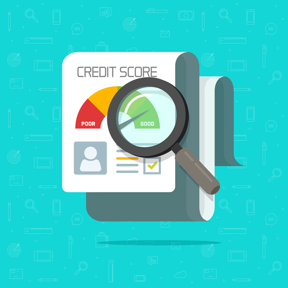 Illustration of a credit report with a magnifying glass focusing on the credit score