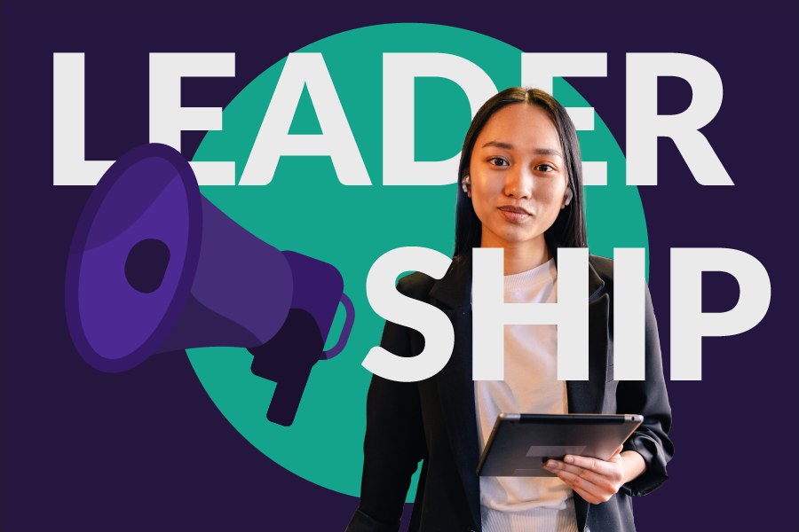 Asian American woman smiling confidently with the word Leadership around her