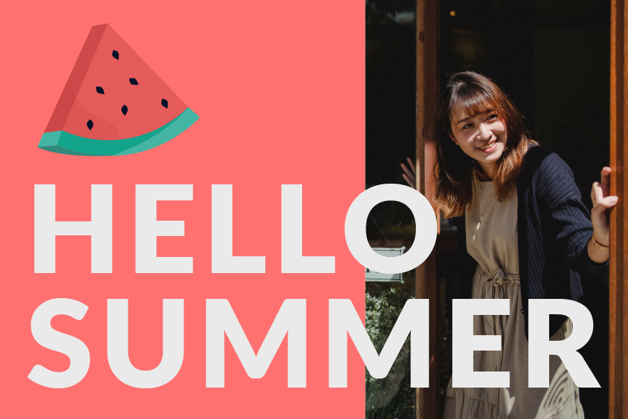 Watermelon graphic with words Hello Summer and a woman smiling in the sun