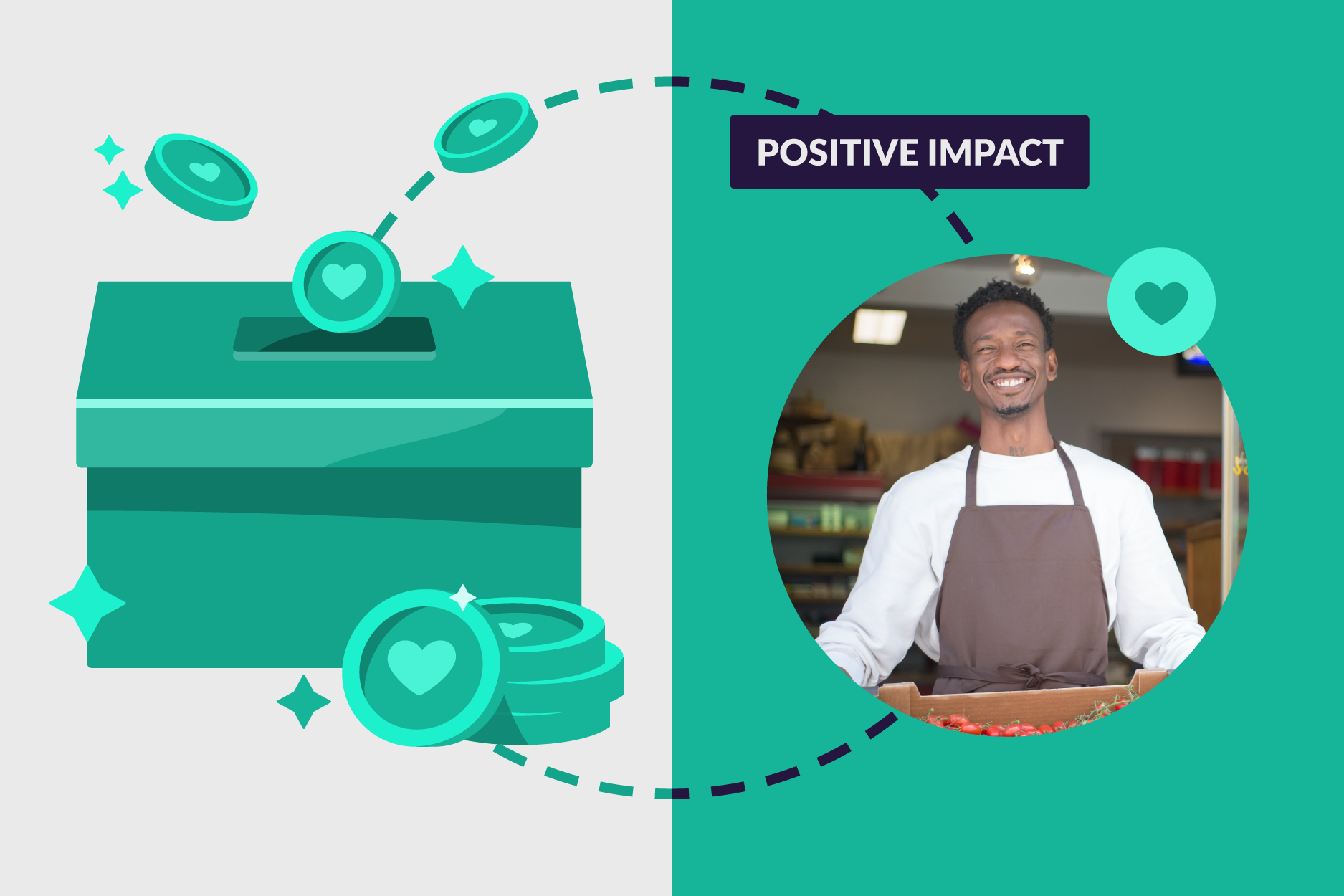 Ilustración de una caja de donativos en la que caen monedas de corazón - frente a un hombre afroamericano sonriente que trabaja por una causa benéfica.