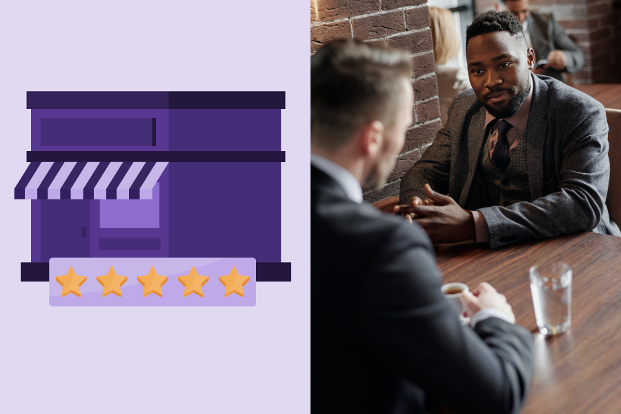 Illustration of a small business with 5 gold stars below it next to an image of 2 businessmen having a conversation