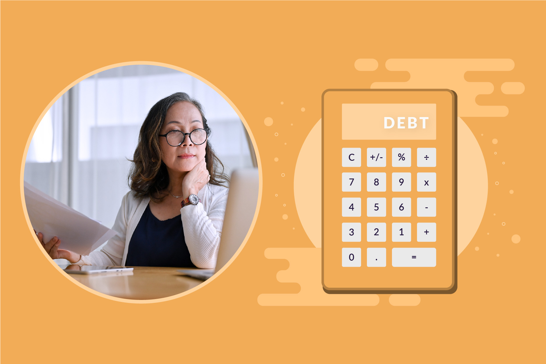 woman looking at her laptop reviewing her finances. And illustration of a calculator with text "debt"