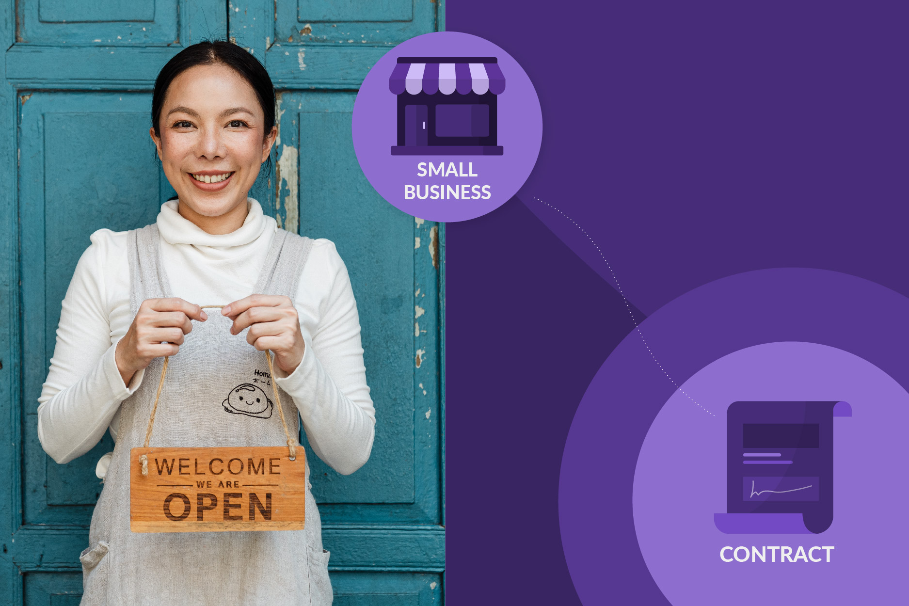 Female small business owner holding an "Open" sign in front of her door. Illustrations of a small business and a contact.