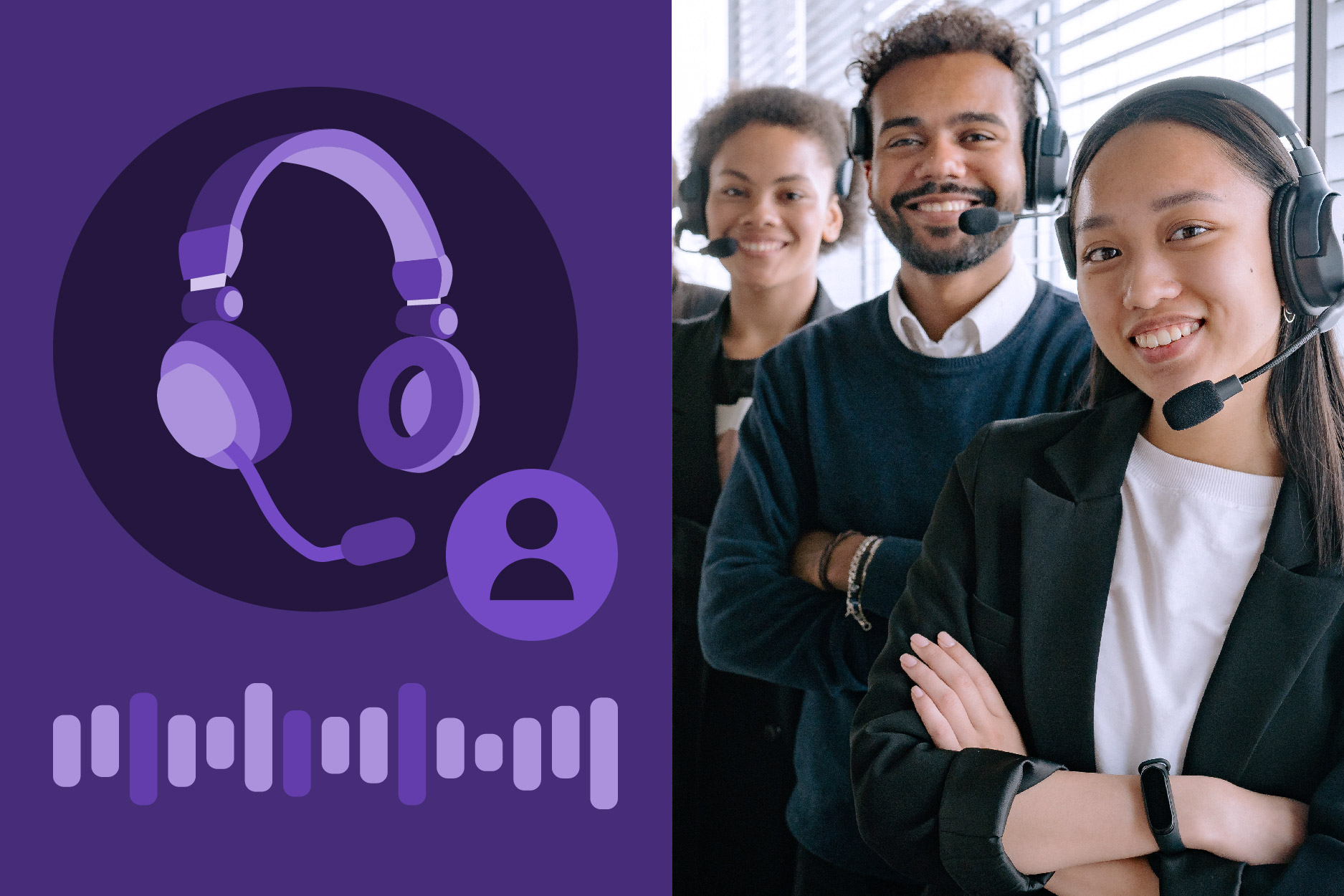 Group of diverse customer service representatives smiling while wearing a headset.