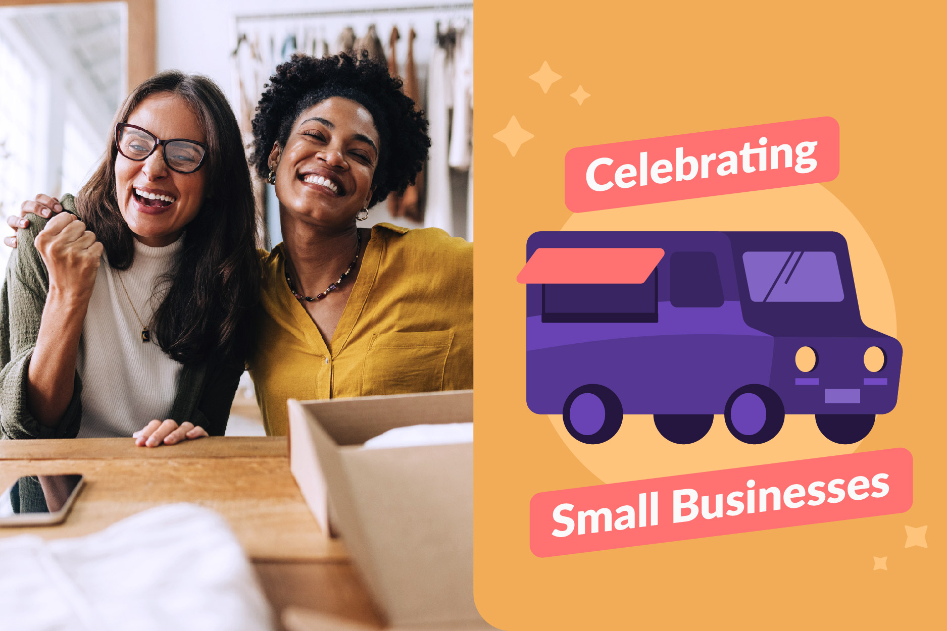 Female business owners smiling with text "celebrating small businesses"