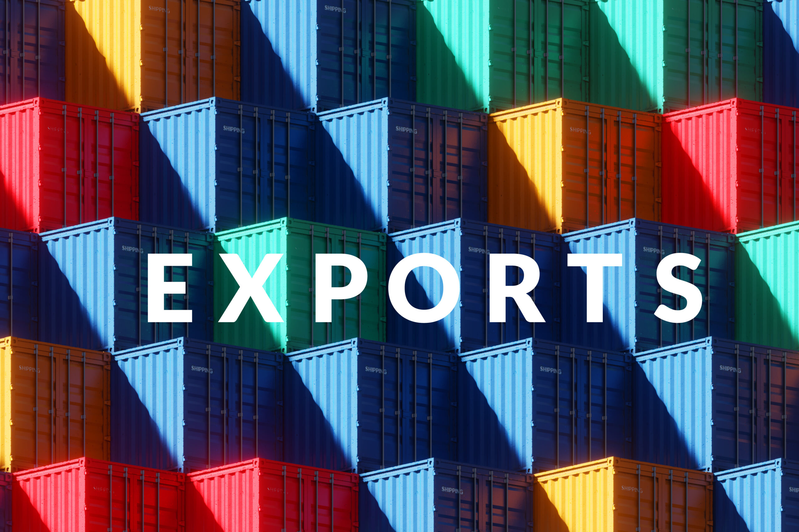 Colorful, stacked shipping containers prepared for exporting goods internationally for small businesses