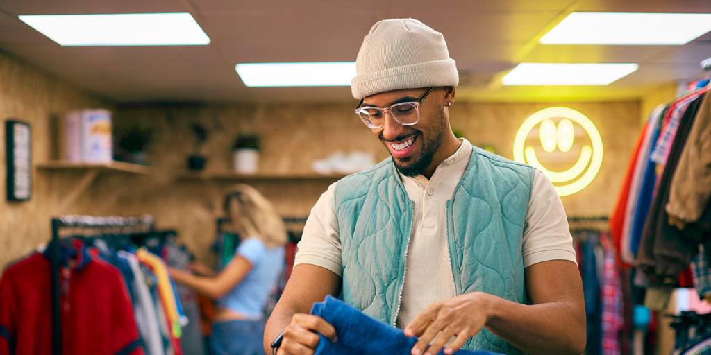 Male Sales Assistant Or Customer Sorting And Looking At Jeans In Fashion Store