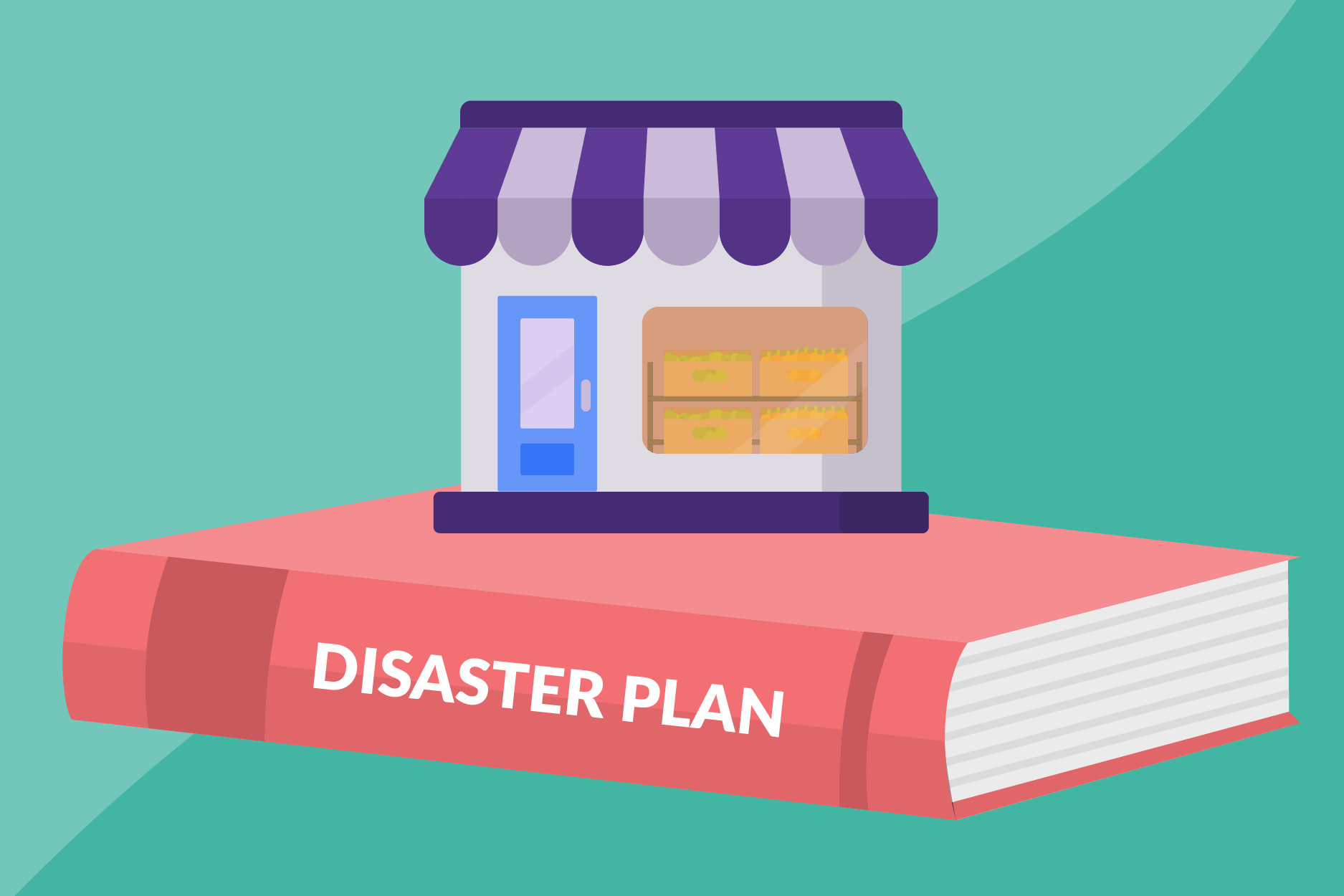 Illustration of small business sitting atop a disaster plan book