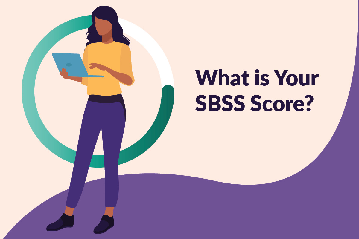 Illustration of a woman looking at a laptop reviewing her small businesses SBSS Score