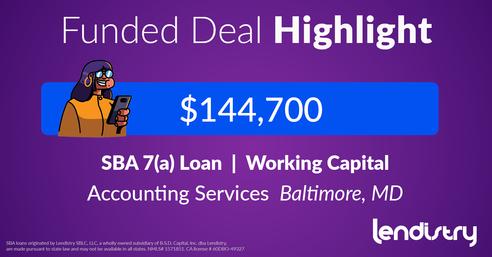 Funded Deal Highlight - $144,700 - SBA 7(a) Loan | Working Capital - Accounting Services - Baltimore, MD Banner