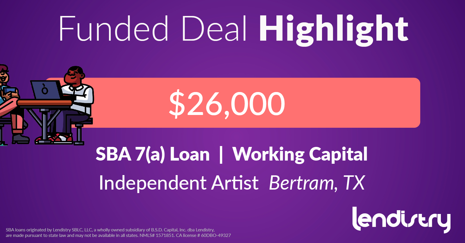 Funded Deal Highlight - $26,000 - SBA 7(a) Loan | Working Capital - Independent Artist - Bertram, TX Banner