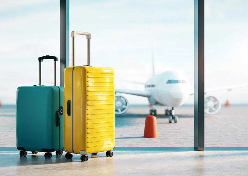 3D rendering of two suitcases at an airport terminal, blue sky and plane in the background, concept of travel.