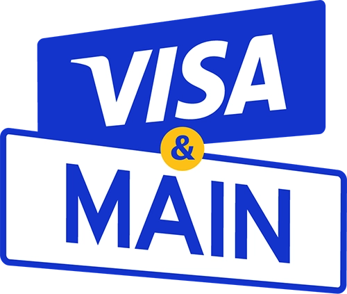 VISA & Main Logo in blue and white with ampersand in a yellow circle designed to look like crossing street signs
