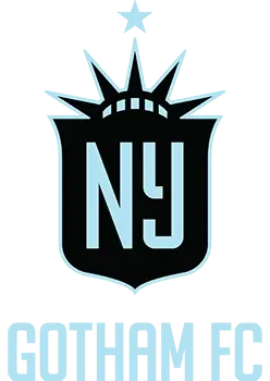 Gotham FC logo in light blue text and a badge comprised of the crown of the Statue of Liberty sitting on top of a shield with NY monogram