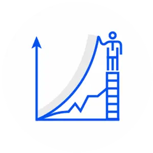 Graph icon with person standing on a ladder showcasing upward trajectory