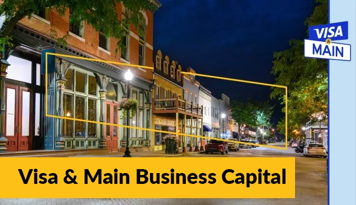 VISA & Main Ad Banner showing a quite night on an lighted empty street and VISA & Main logo in the top right corner