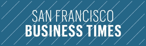 San Francisco Business Times logo in white text on a teal background with equally spaced out diagonal white lines from left to right