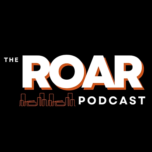 The Roar Podcast logo in white bold text with orange outline of buildings