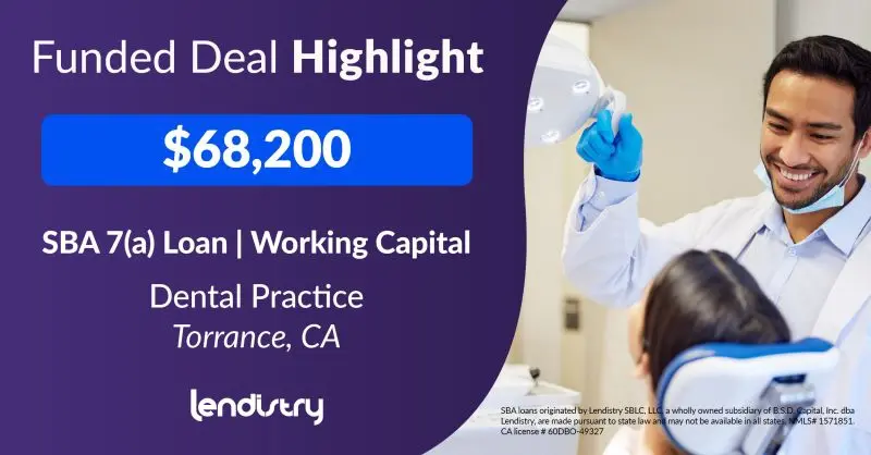 Funded Deal Highlight - $68,200 - SBA 7(a) Loan | Working Capital - Dental Practice - Torrance, CA Banner