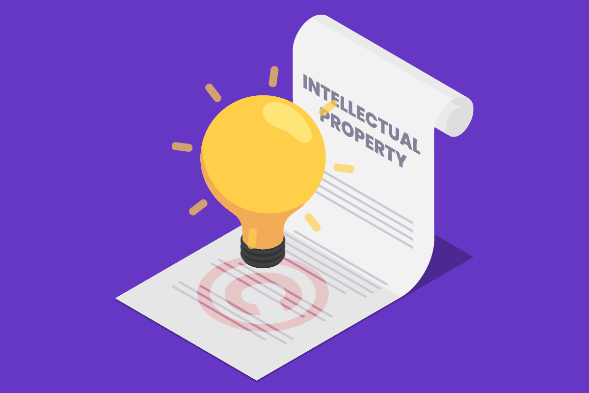 Illustration of an idea light-bulb over an Intellectual Property Copyright document