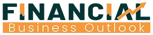 Financial Business Outlook logo with Financial in blue text utilizing financial graphics as part of the letters and Business Outlook in white text on orange background