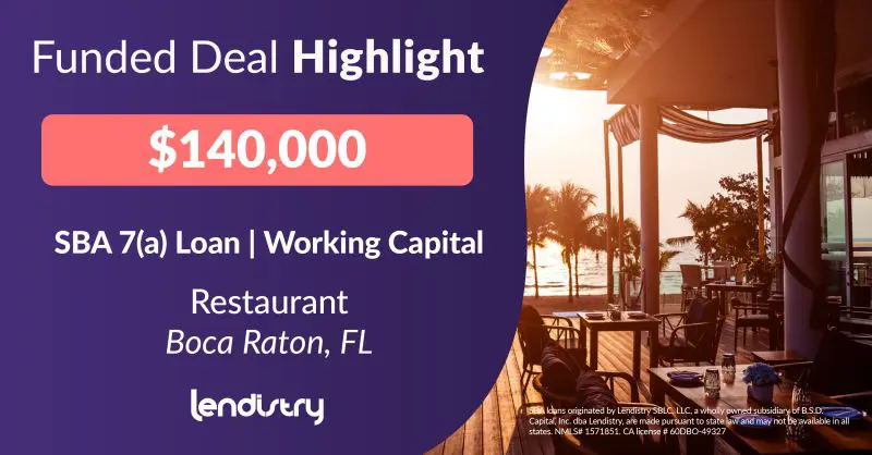 Funded Deal Highlight - $140,000 - SBA 7(a) Loan | Working Capital - Restaurant - Boca Raton, FL Banner